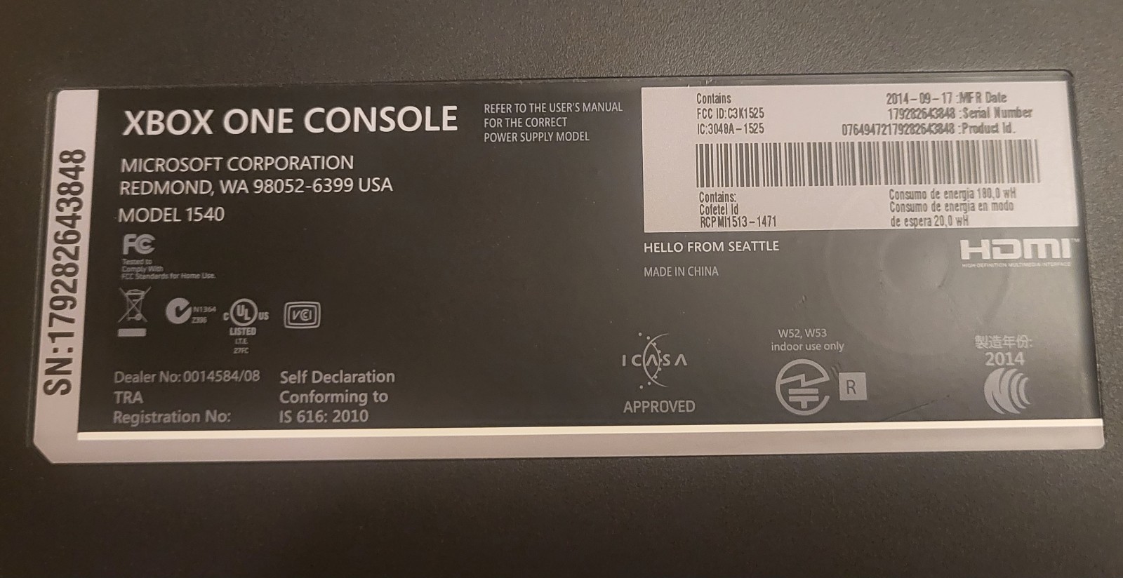 Microsoft Xbox One 500GB Console Model 1540 W/ Controller & Power Supply