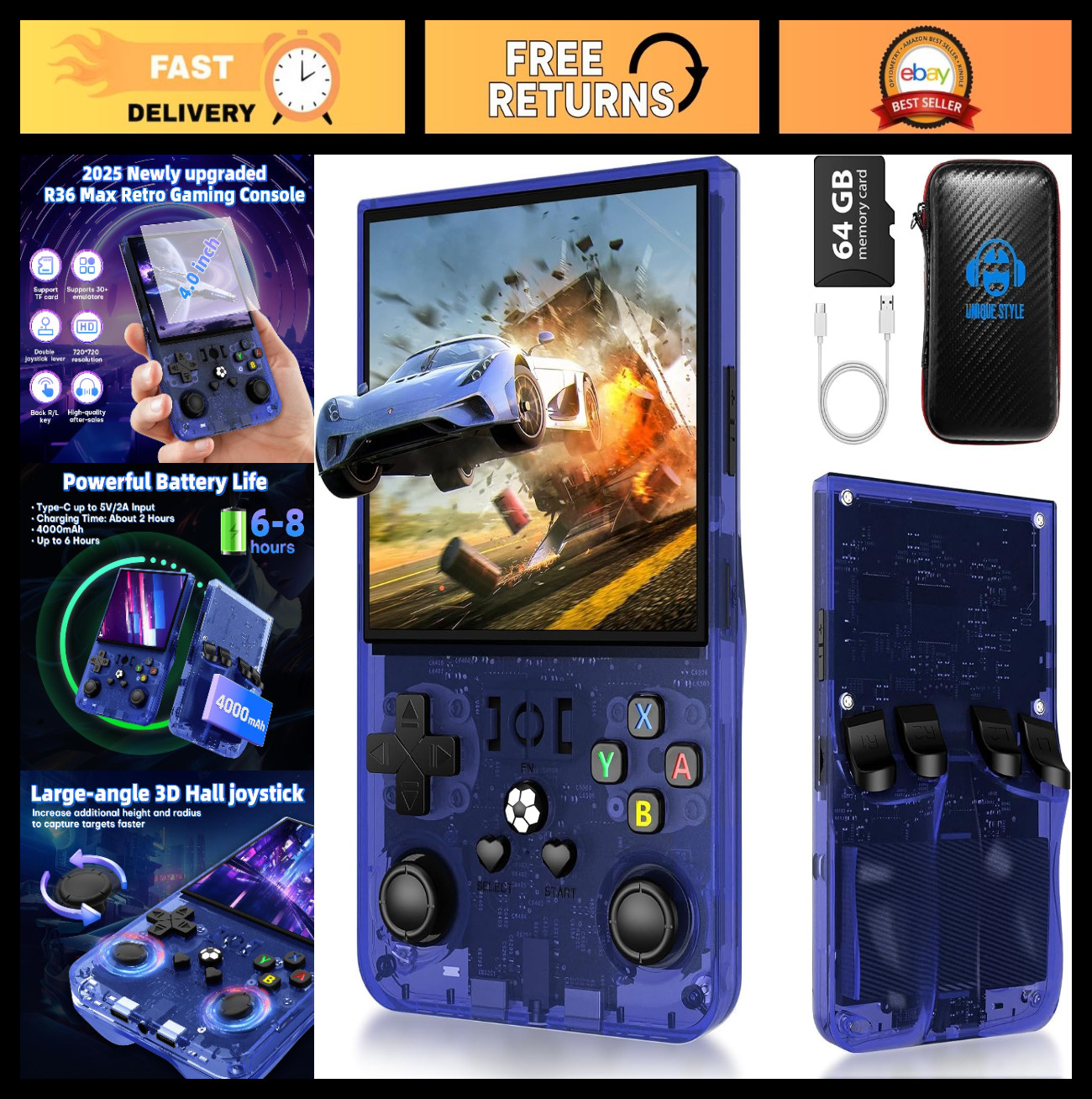 Retro Gaming Console Handheld 4.0” Screen, 64GB TF Card, Portable Arcade – Blue