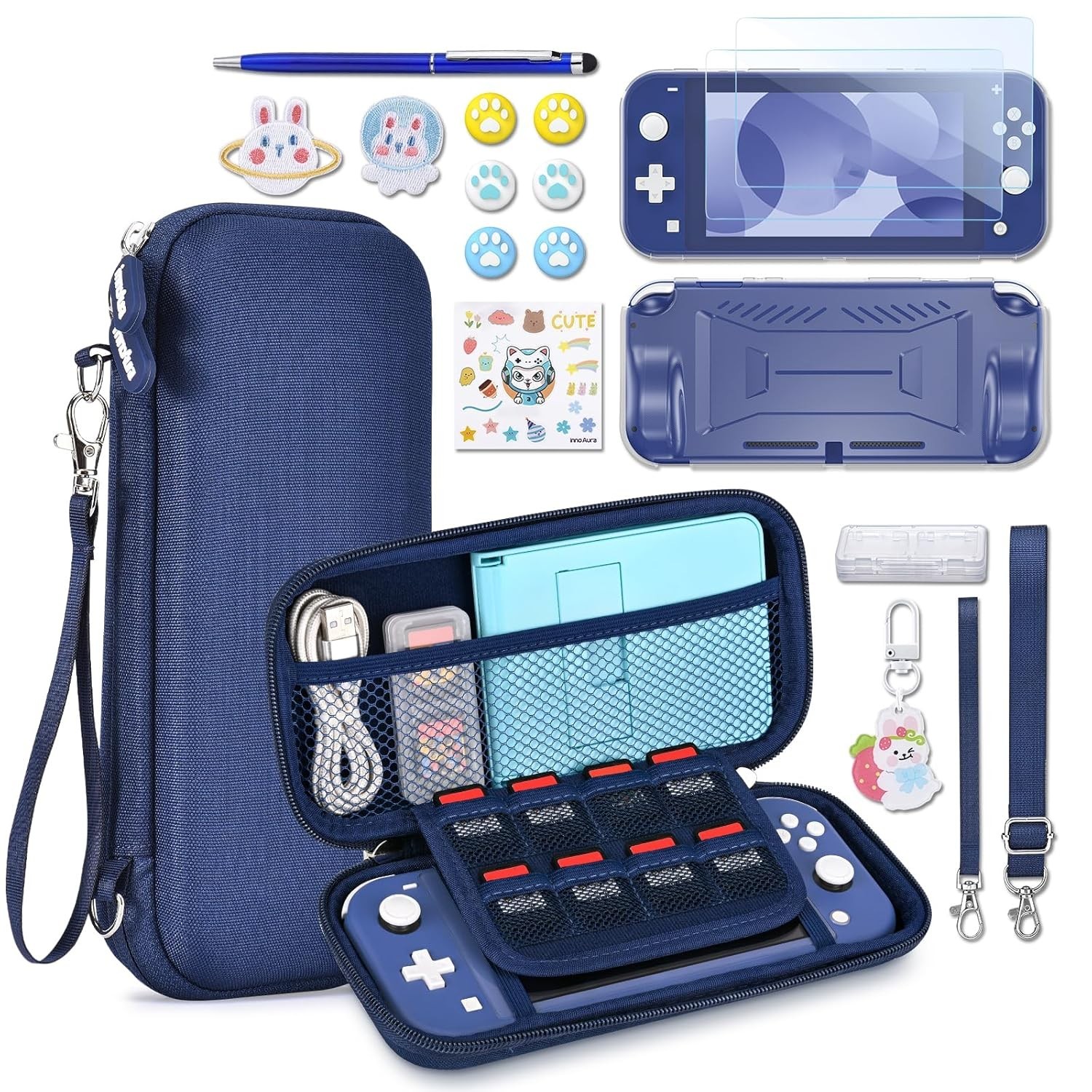 Elegant 18-in-1 Switch Lite Case Bundle: Ultimate Protection & Accessories, Blue