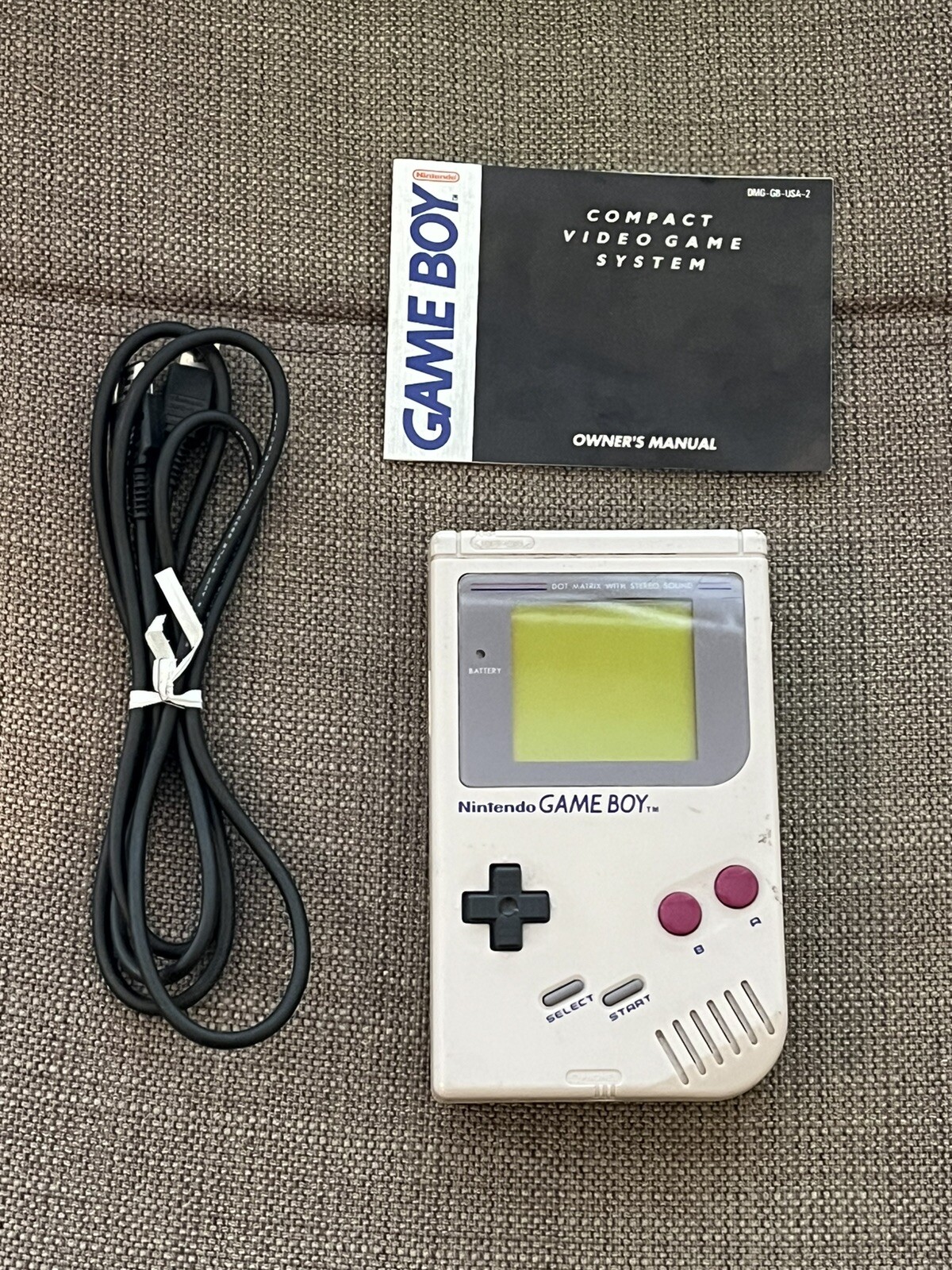 Original GameBoy With Manual Link Cable and Carrying Case Bag Tested 1989 Gray