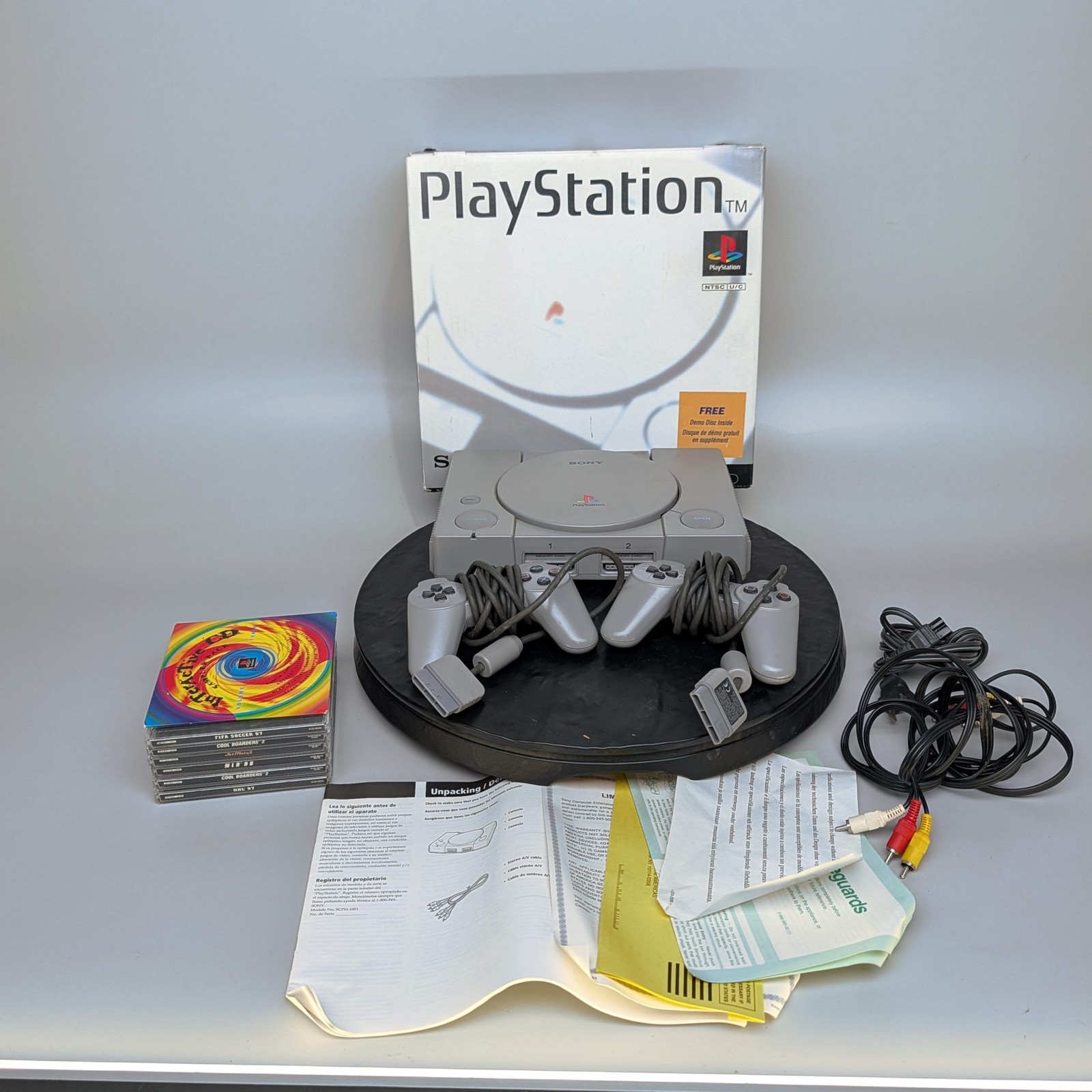 Sony PlayStation 1 PS1 Gray Console Box+2 Controllers+7 Games:Cool Boarders
