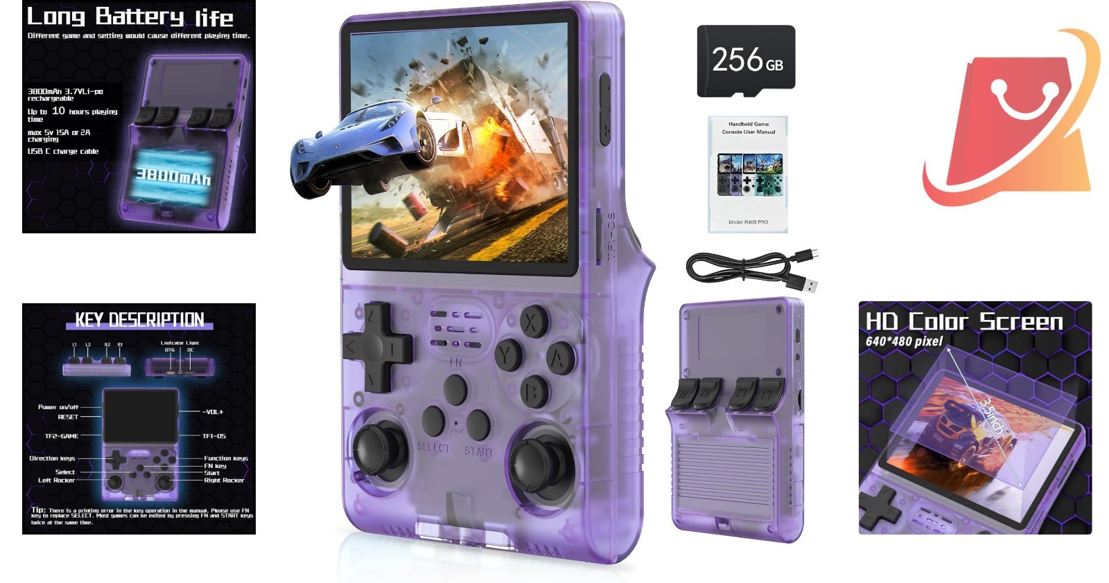 Handheld Retro Game Console 256GB Storage 3800mAh Battery Portable Emulator