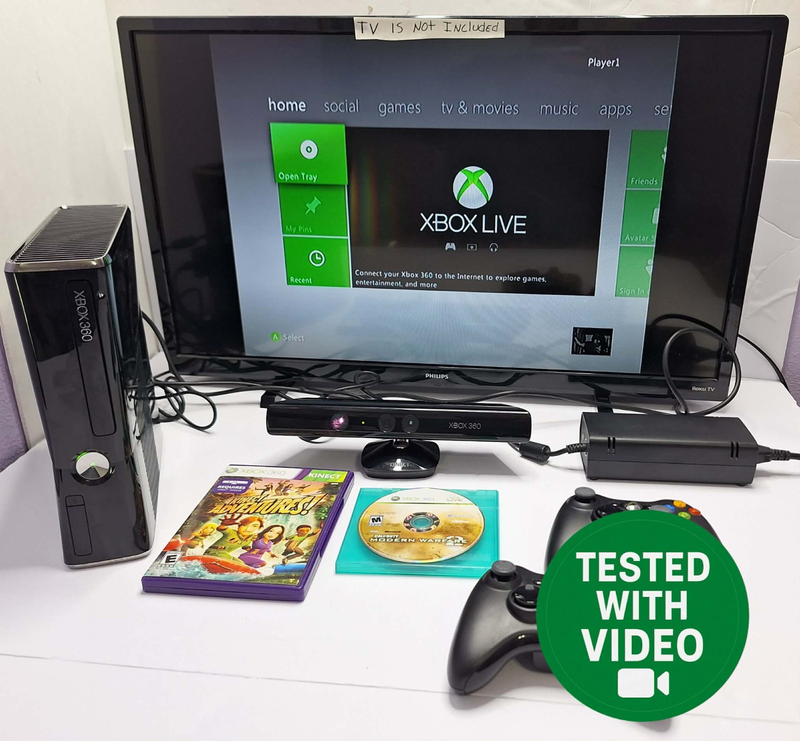 Xbox 360 S – Matte Black Model 1439 W/ 250g HD Controller Power And Games