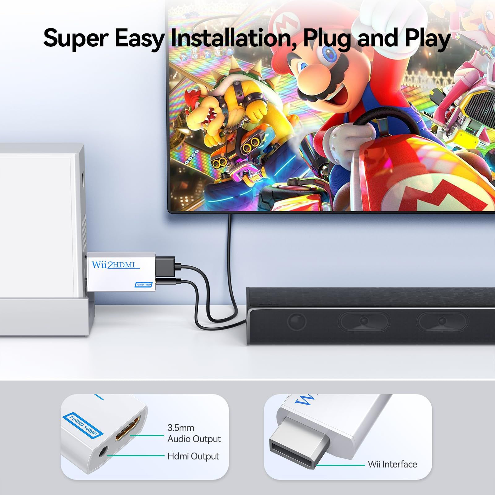 GANA Wii to hdmi Converter, wii Adapter, 1080p 720p Connector White