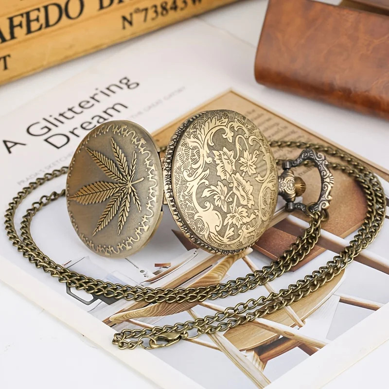 Vintage Bronze Leaf Pattern Design Quartz Movement Pocket Watch,With 80CM Neckla