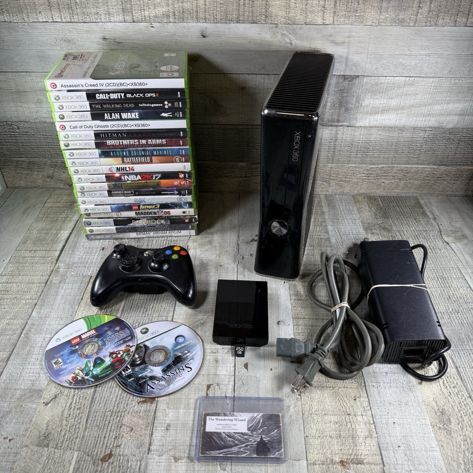 Microsoft Xbox 360 S 250GB Console, Controllers, Cables, 12 Games, Glossy Black