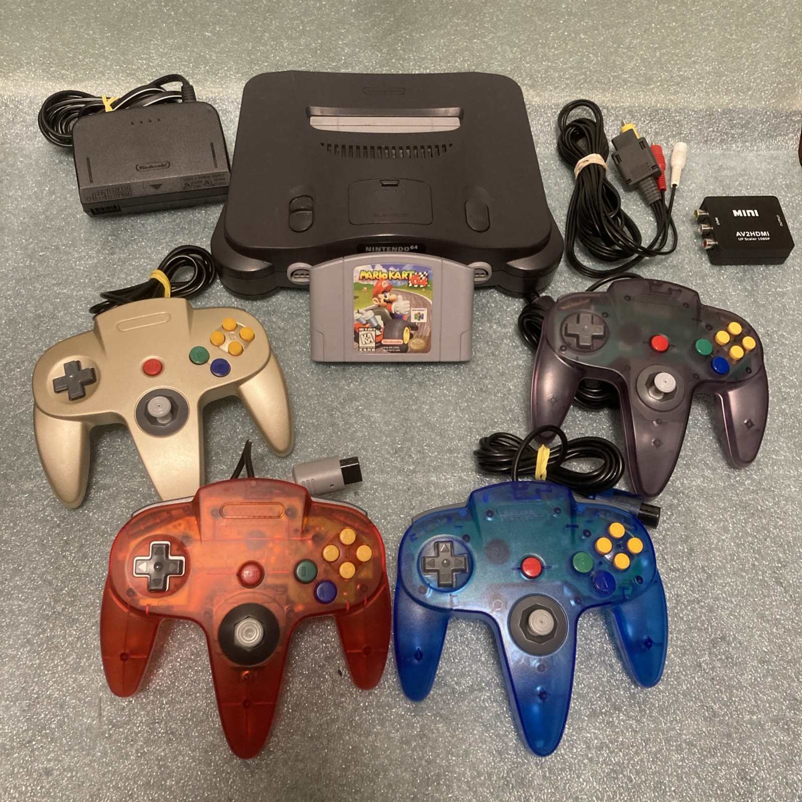 N64 Nintendo 64 Console 4 Controllers + Mario Kart + HDMI Converter Bundle