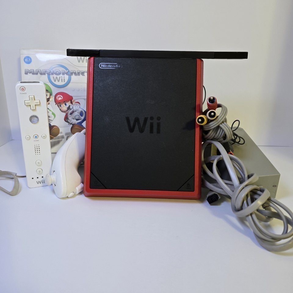 Nintendo Wii MINI Red RVL-201 Console with cables, controller, and Mario Kart