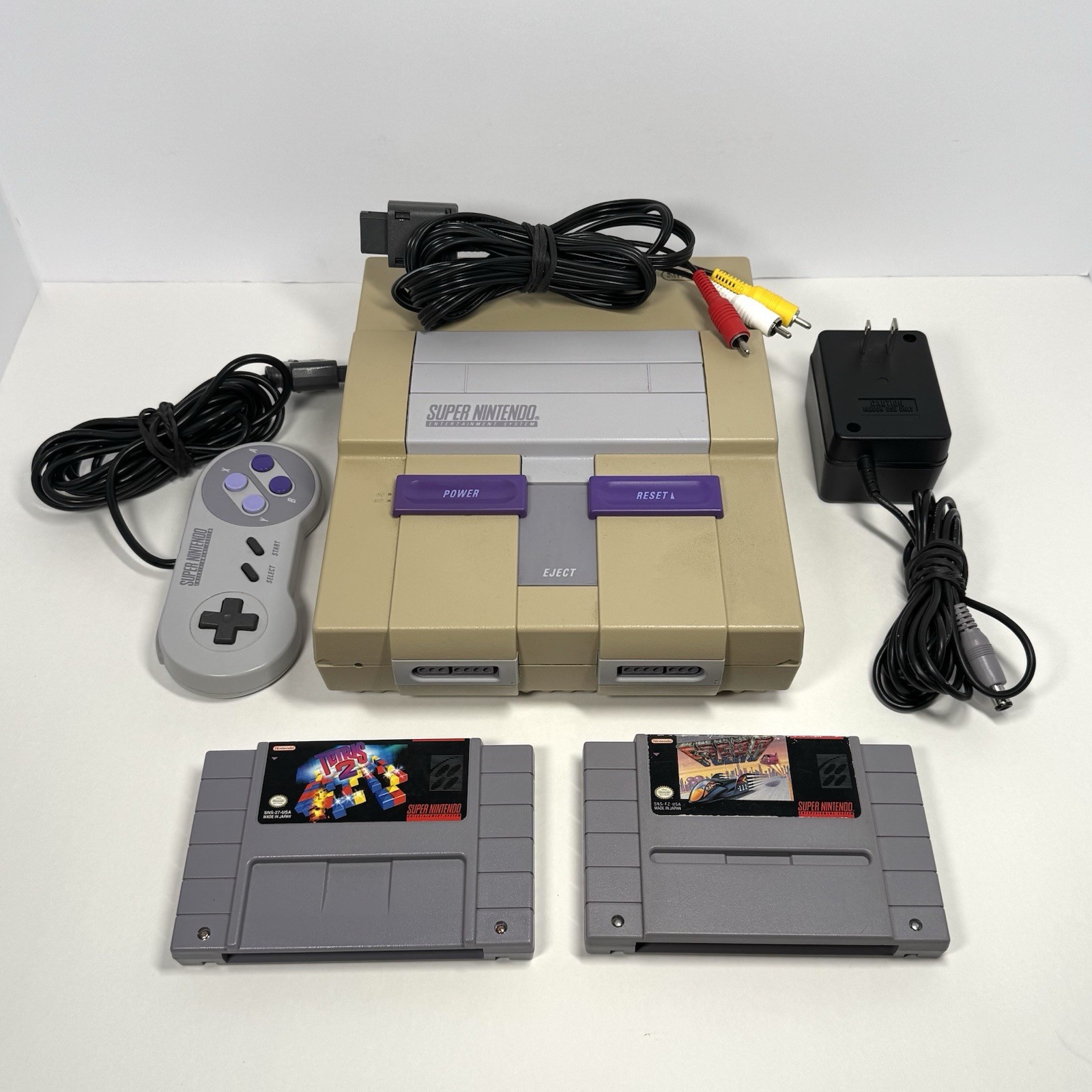 Super Nintendo SNES Console Bundle Tetris 2 F-Zero OEM Controller Cords Works
