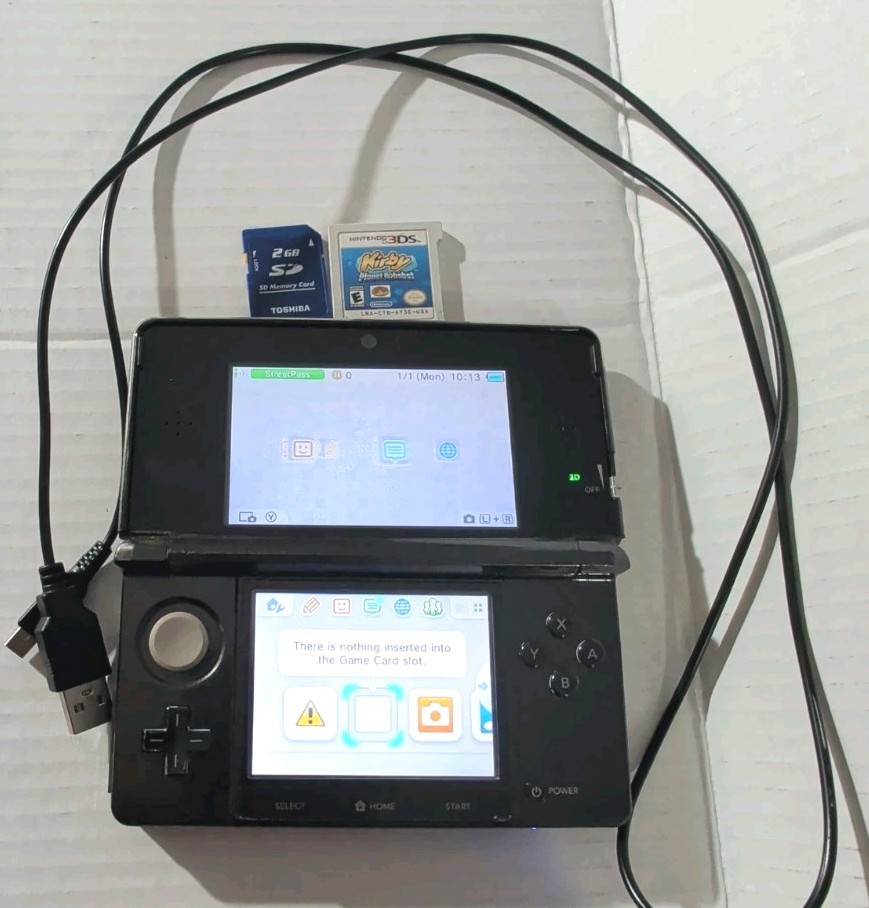 Old Nintendo 3DS Cosmo Black w/Kirby Planet Robobot & 2 GB SD (No Stylus) WORKS
