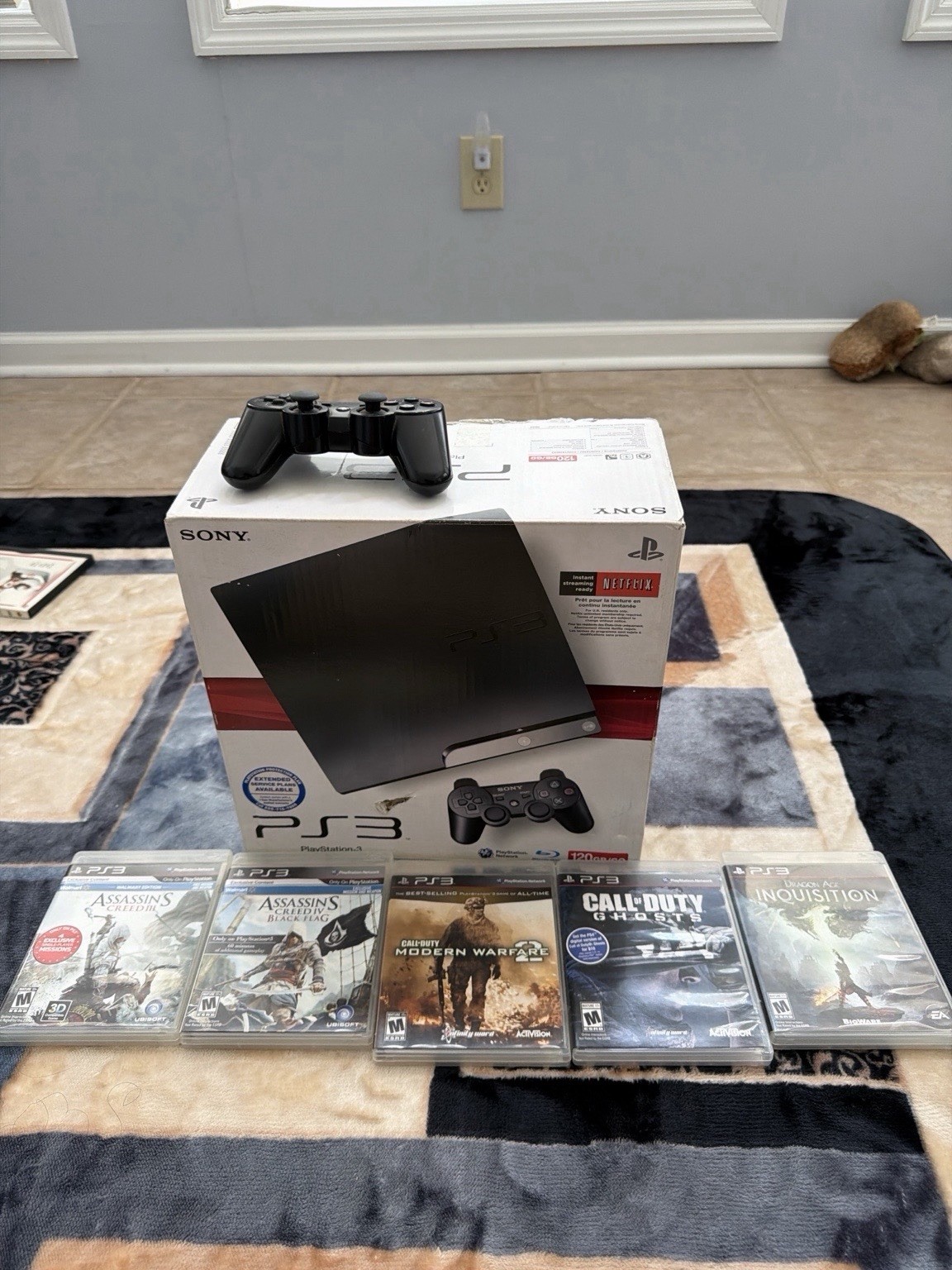 SONY PlayStation 3 PS3 slim 120 GB Console Bundle W/ Controller +5 Games+box