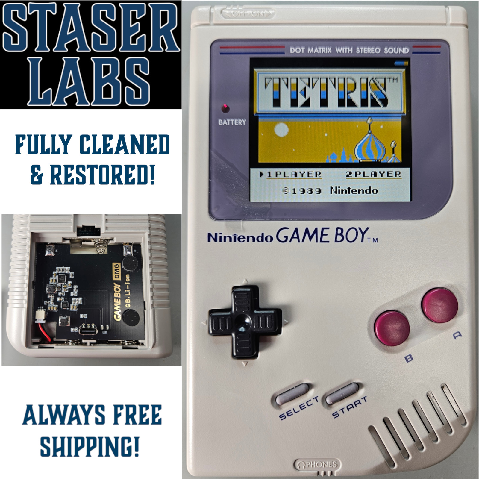 SL-DMG-01 – OEM Game Boy Internals – IPS Display, 10hr battery, Tetris, & Case!