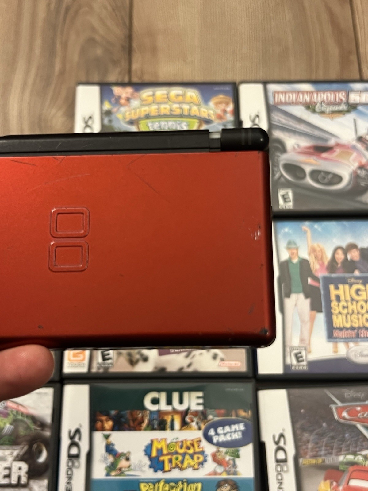 Nintendo DS Lite Handheld Console Bundle 8 Games Tested Crimson Red Broken Hinge