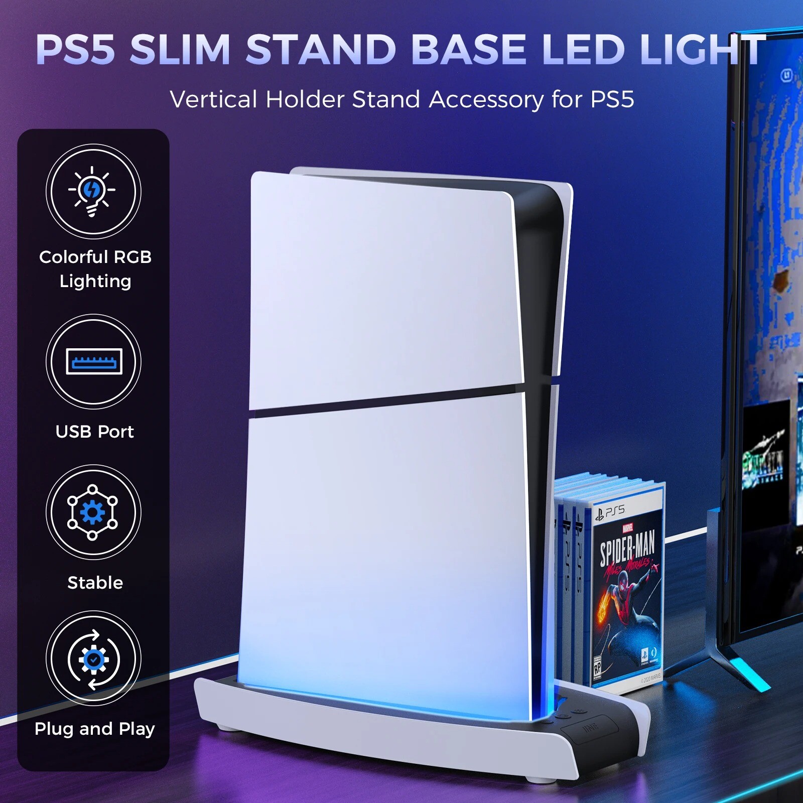 IINE Slim Stand Base LED Light Vertical Holder Stand Accessory for PS5 Slim