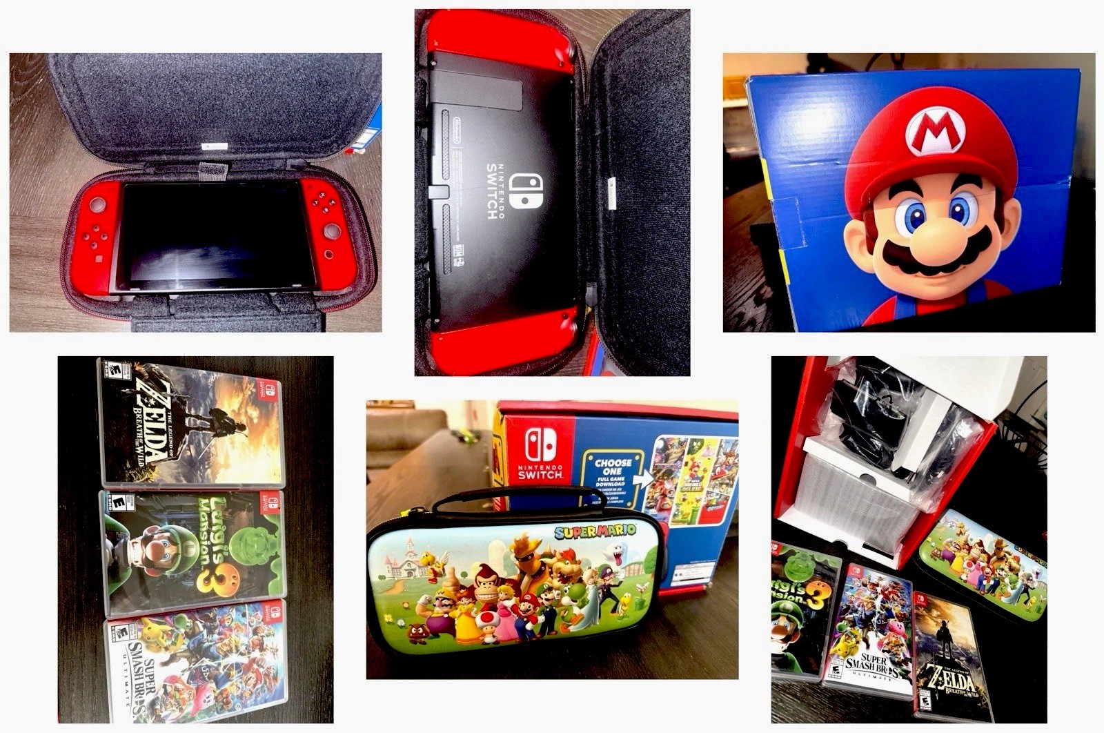 Nintendo Switch OLED Mario Red Edition 3 Games (Zelda, Smash, Luigi’s Case + Box