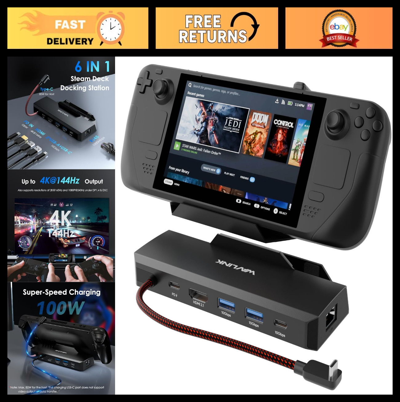 6-in-1 Docking Station for Steam Deck/ROG Ally – 4K@144Hz HDMI, 100W PD, 3x USB