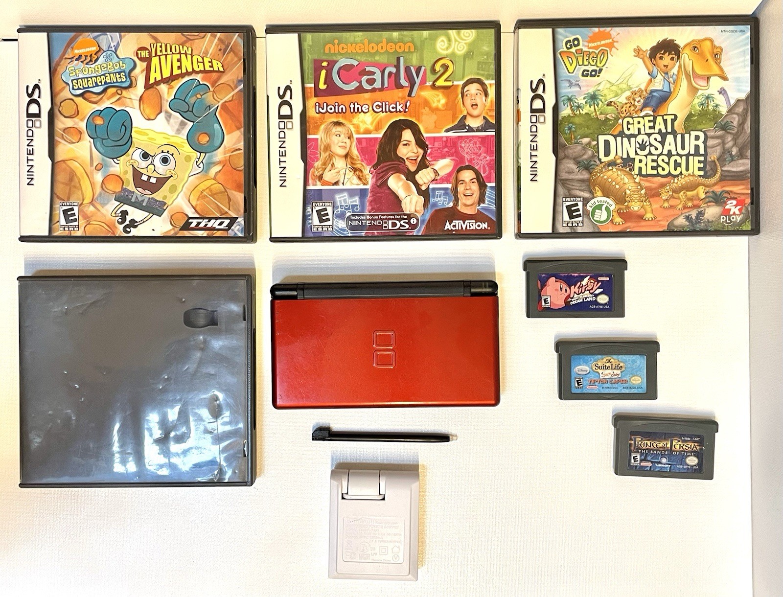 RED Nintendo DS lite WORKING! Console+Stylus+USB charging Box,&6 Games,Bundle