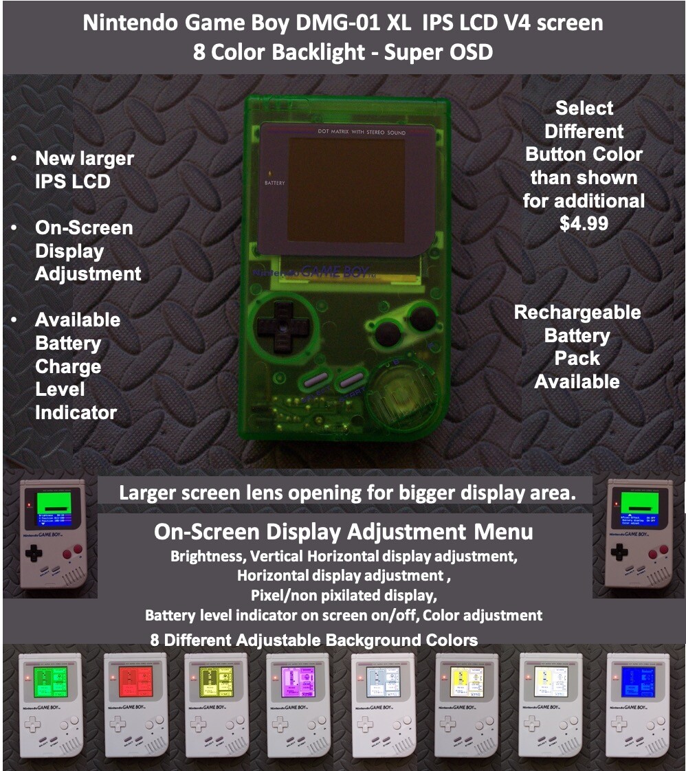 Nintendo Game Boy DMG-01 XL IPS OSD V4 screen 8 Color Backlight – CLEAR GREEN