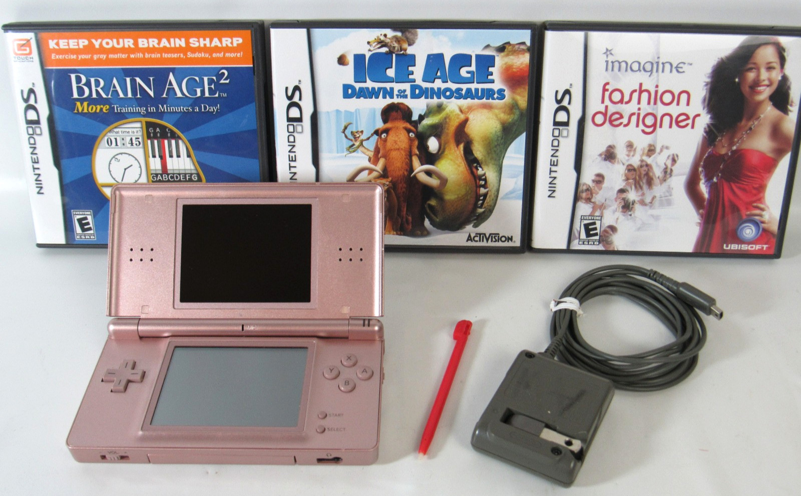 Nintendo DS Lite Console USG-001 Rose Gold with 3 Games, Cord, Stylus TESTED