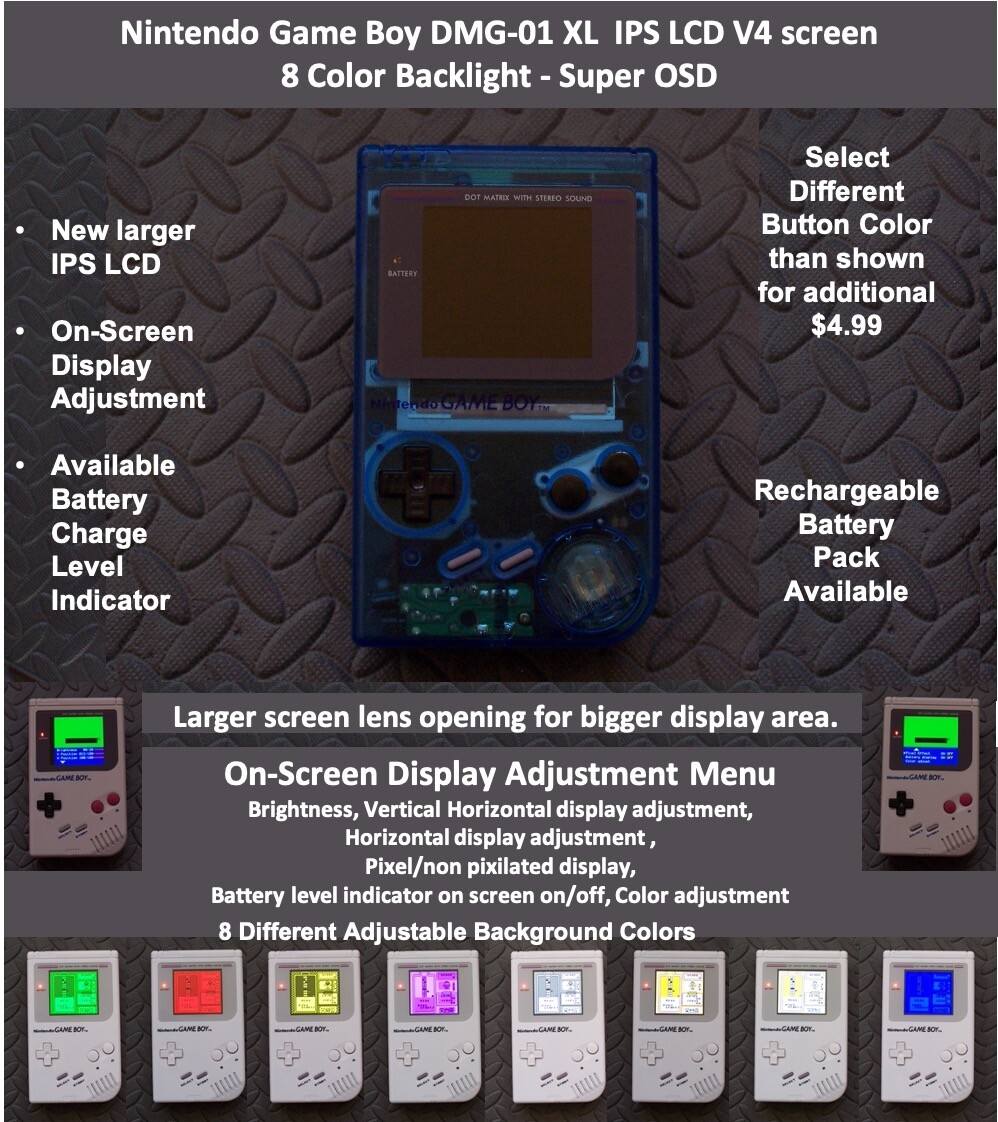 Nintendo Game Boy DMG-01 XL IPS OSD V4 screen 8 Color Backlight – CLEAR BLUE