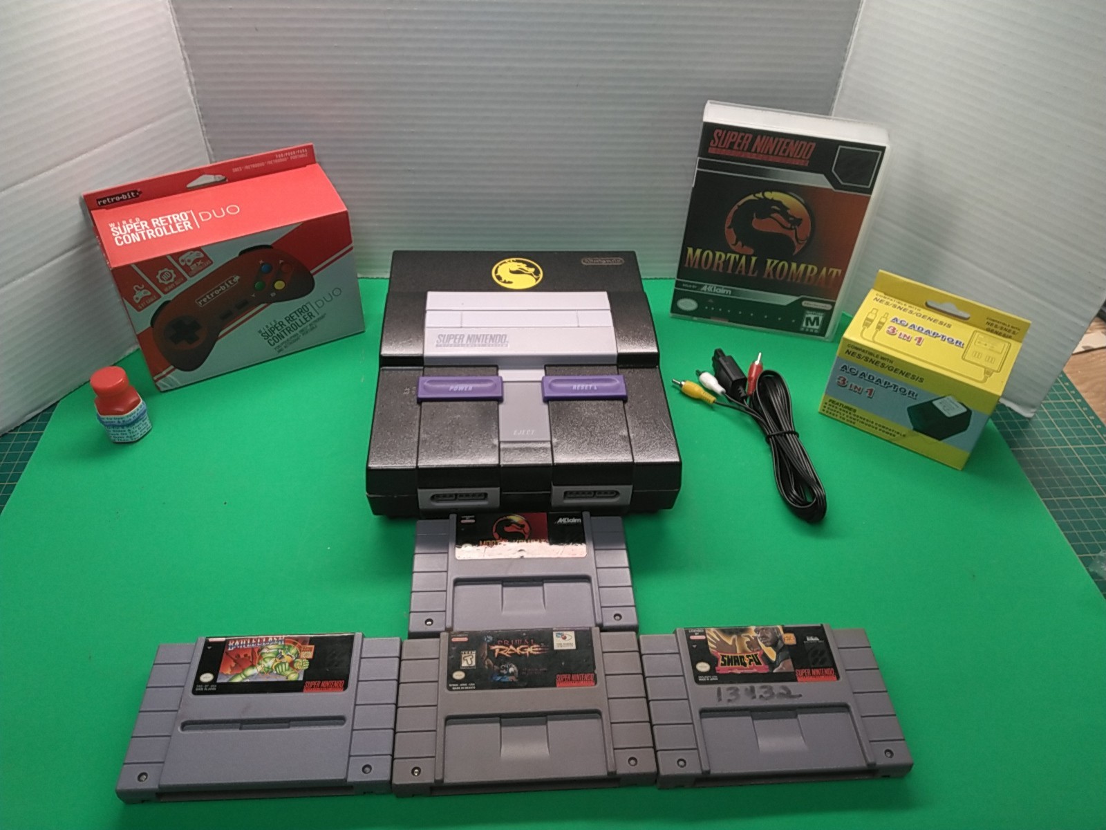 Super Nintendo system SNES with Mortal Kombat 2 Controllers All Hookups