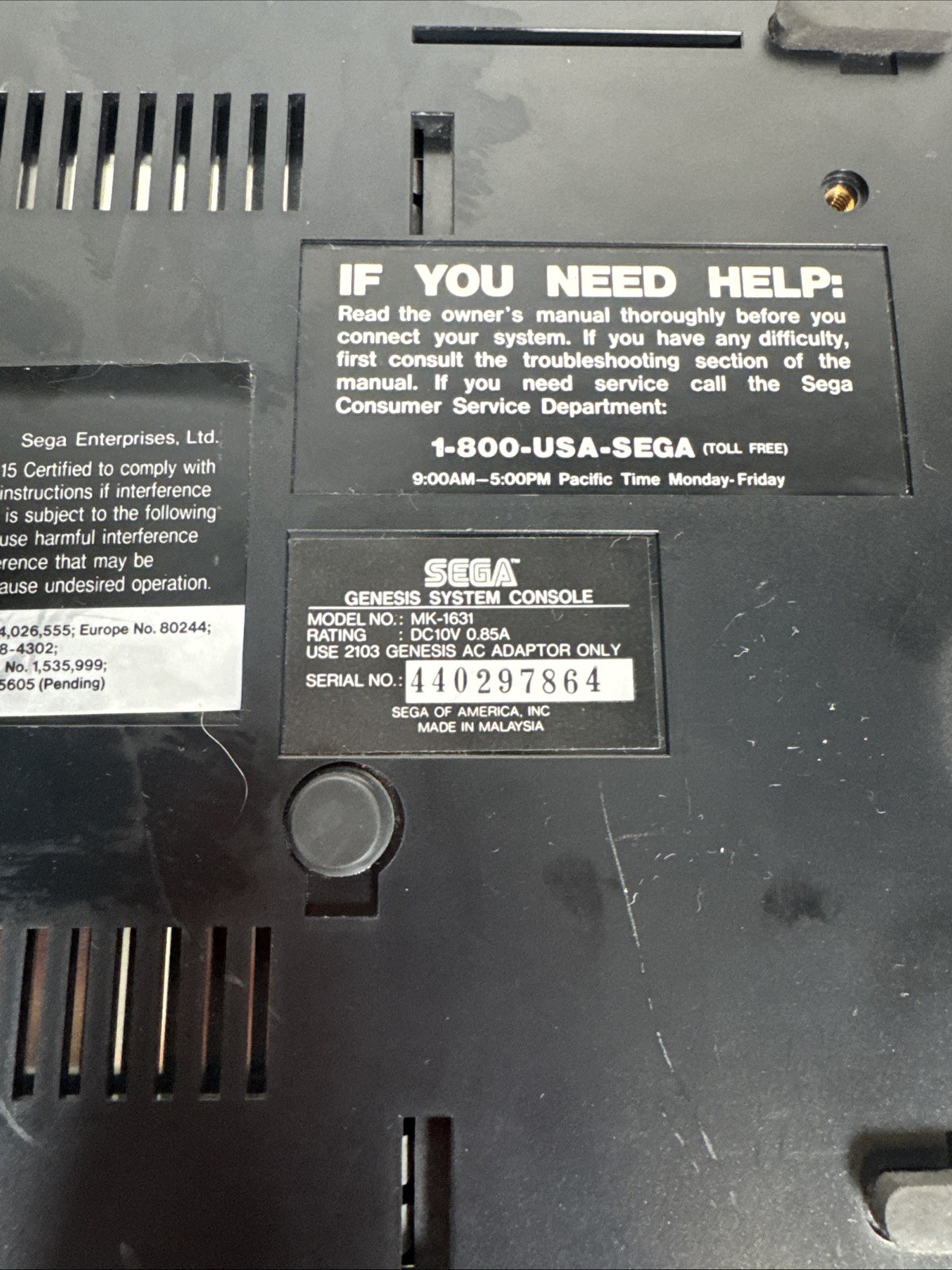 Sega Genesis Model 1 Console – Made in Malaysia – Untested – For Parts or Repair