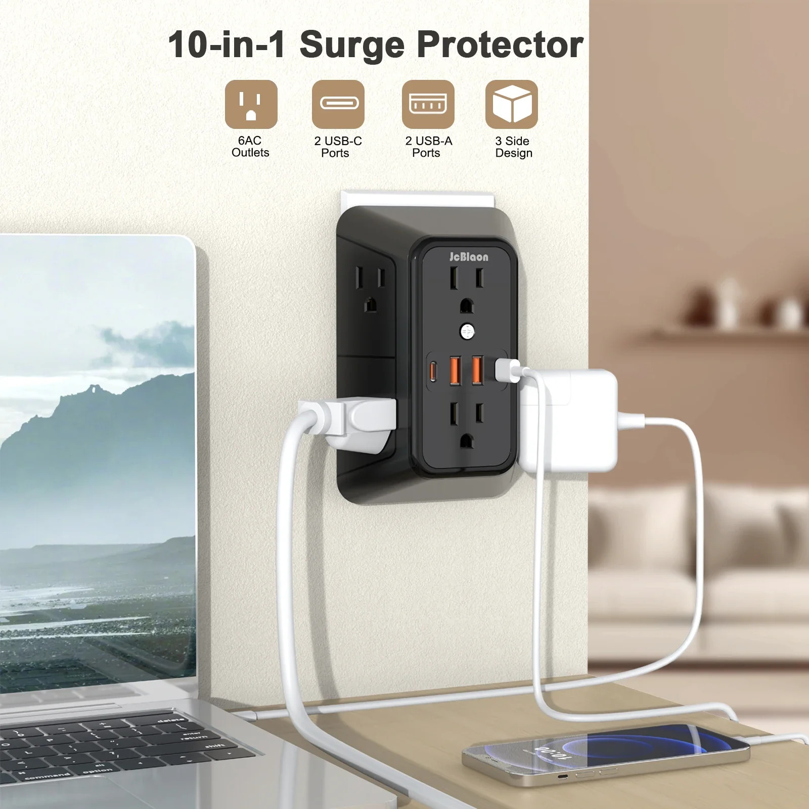 US Plug Power Strip Multitap 6 AC Outlets 2 USB 2 Type C Port Charge Electrical