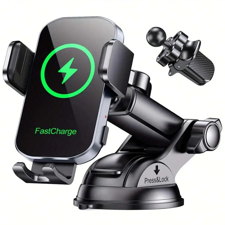 WirelCar Phone Holder – 15W Fast Auto Clamping Mount With And Windshield Compati