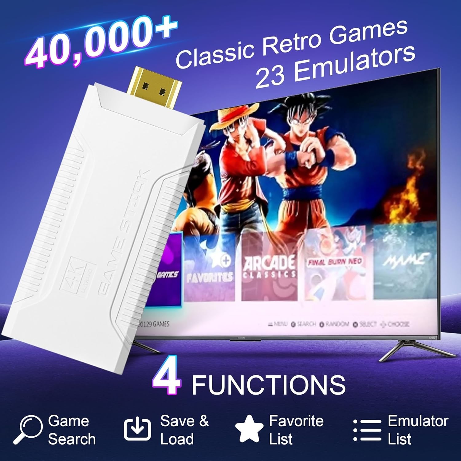 Plug & Play Retro Game Console with 64GB TF Card, Dual Controllers, 4K Output