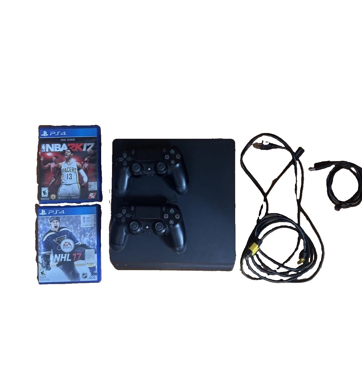 Sony PlayStation 4 Slim Original Black, 500GB with 2 Controllers and Cables