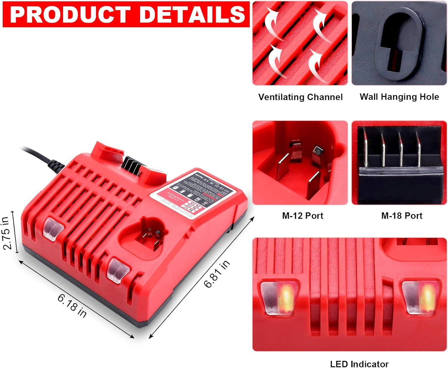 Compatible with Mil-Waukee 18V & 12V Multi Voltage Lithium Battery Charger 48-59