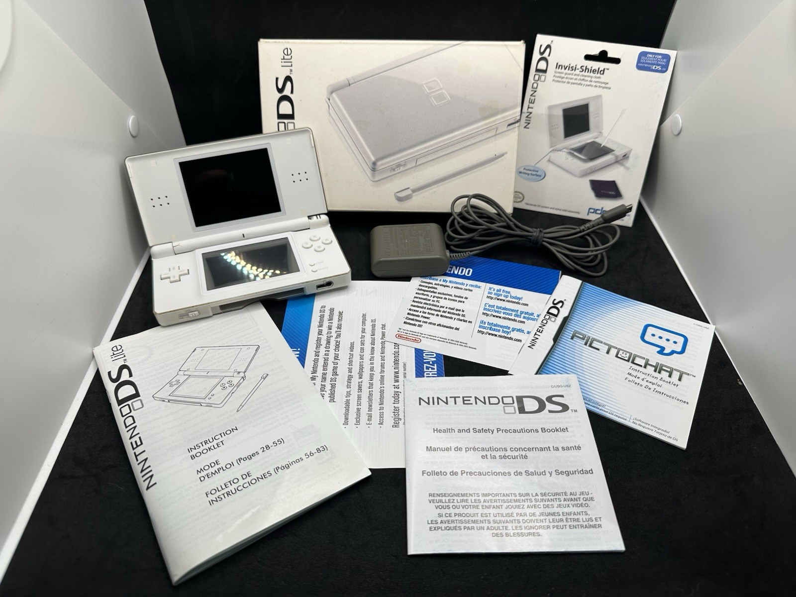 🔥 Nintendo DS Lite Polar White Complete in Box CIB Tested Works Hinge Damage