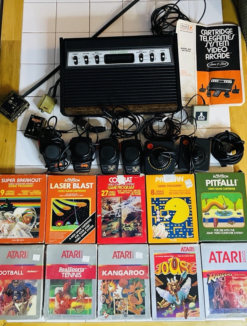ATARI 2600 / SEARS TELE-GAMES HEAVY SIXER CONSOLE 10 Boxed Games & More Bundle