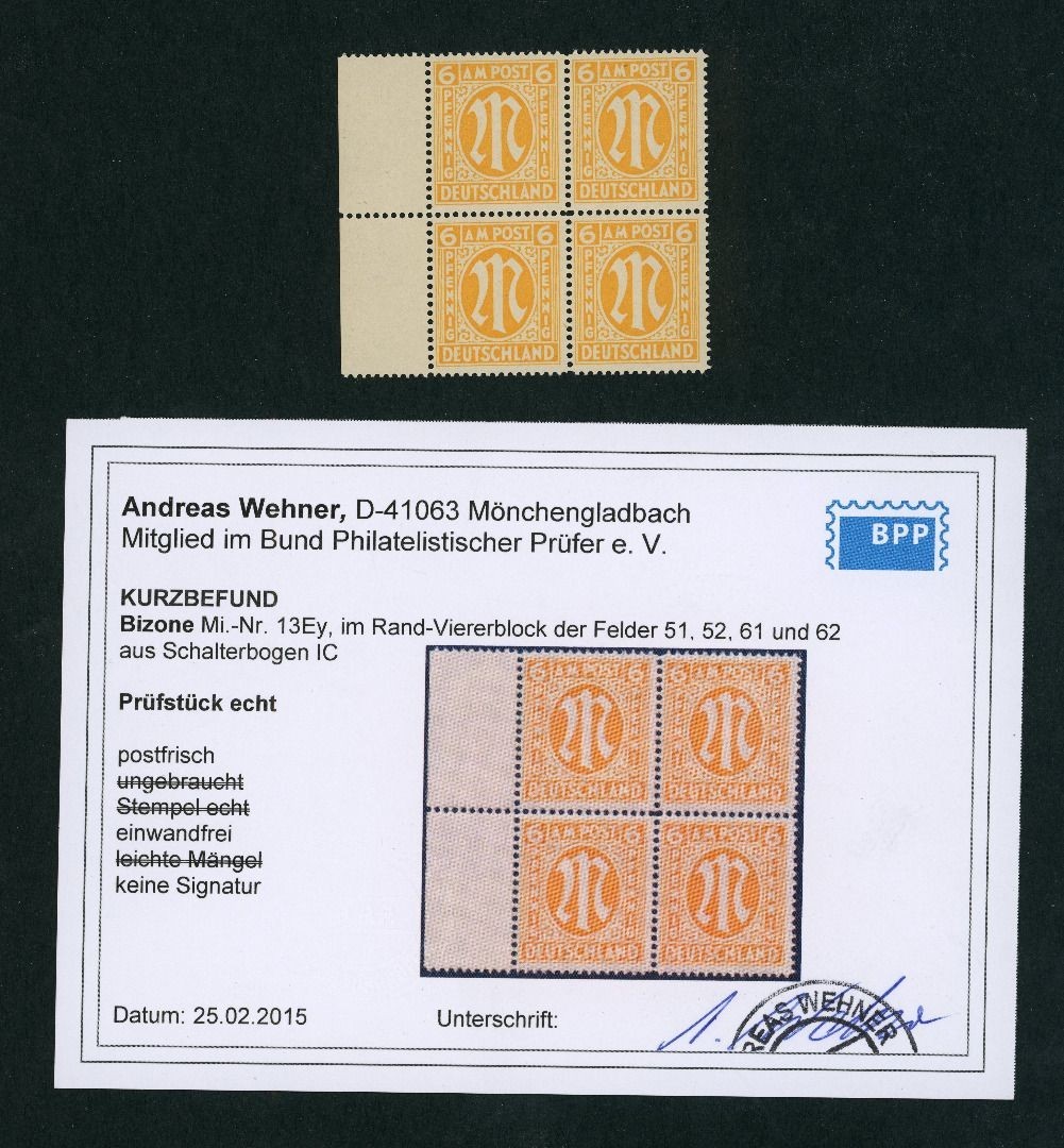All. Occupation Bizone AMPost Michel No. 13Ey Block of 4 mint never hinged…