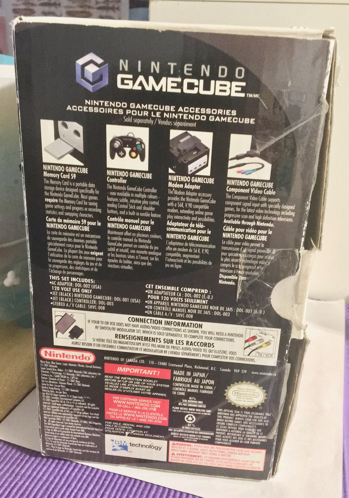 Nintendo GameCube & 3 Controllers, Memory Card, 2 Power Cables, A/V Cable, Box
