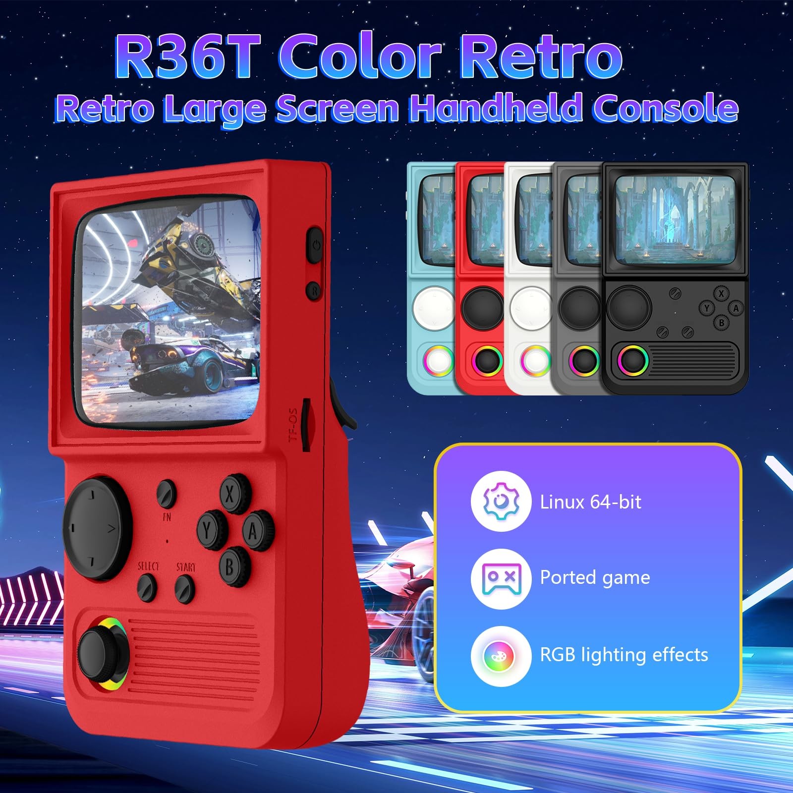 R36T Retro Game Handheld Game Console 3.5in 3500mAh Battery, 64GB TF Card, Red