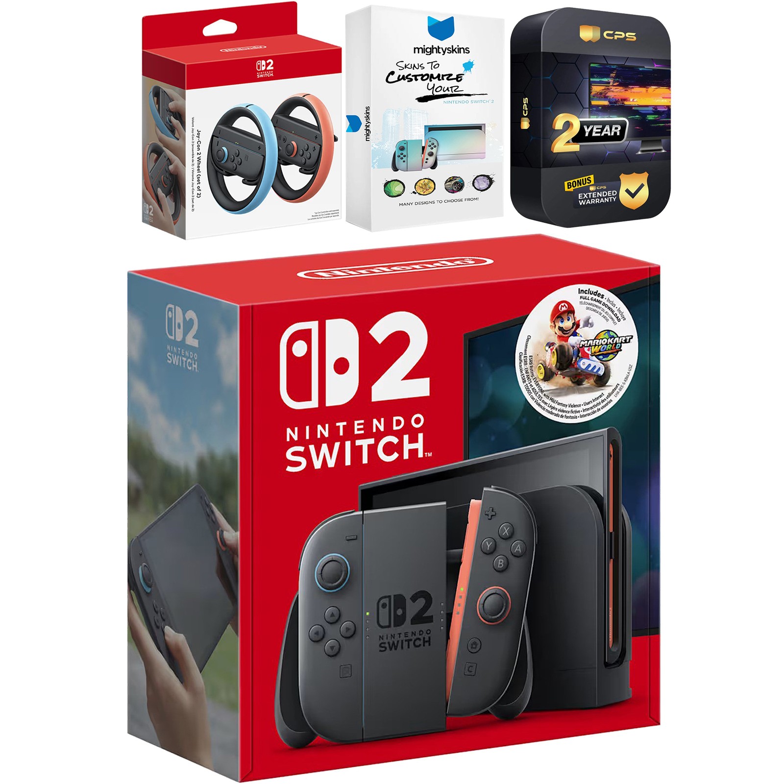 Nintendo Switch 2 Mario Kart Bundle, Joy Con Wheel, MightySkins Code