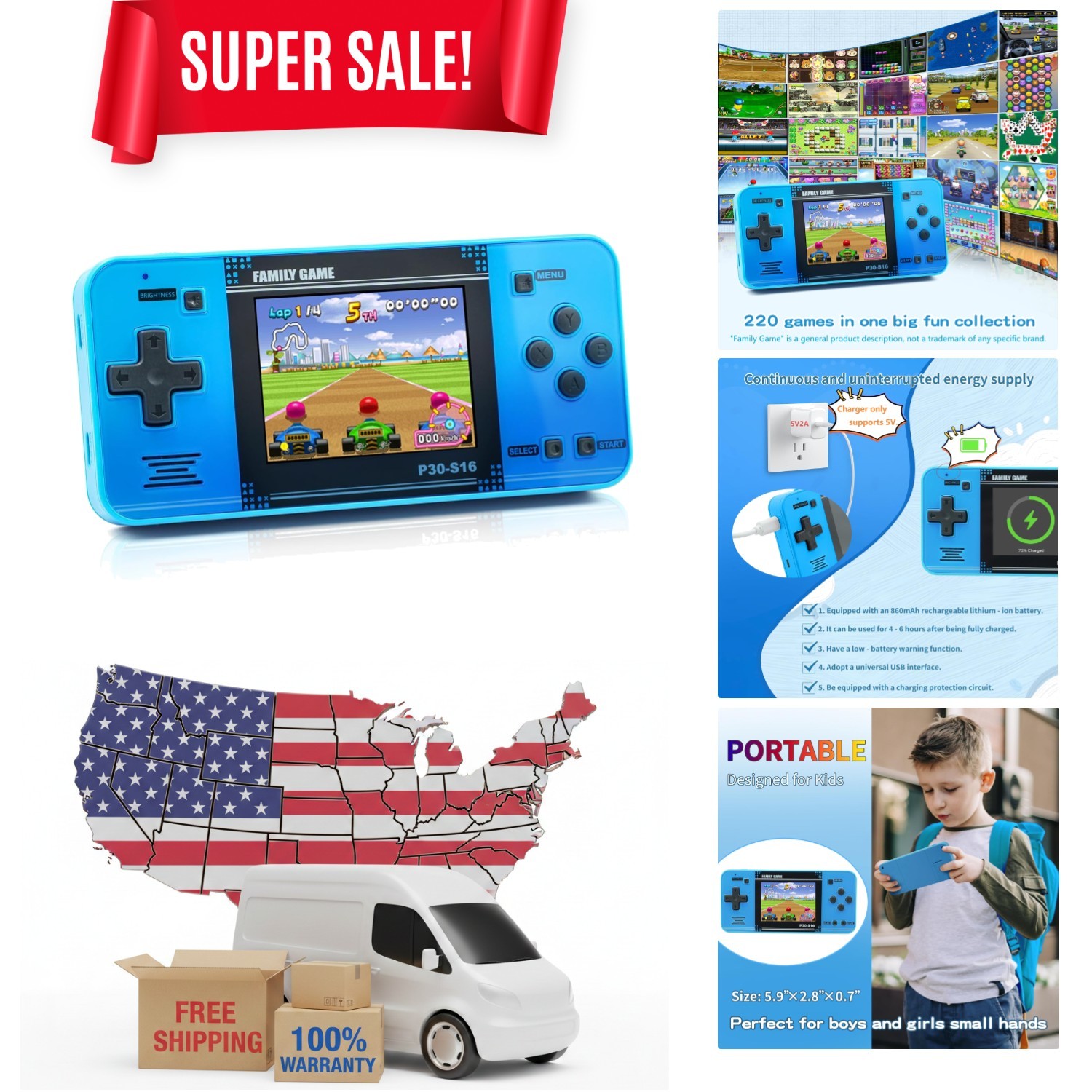 Rechargeable Handheld Game Console for Kids – 220 Engaging Classic Games, Blue