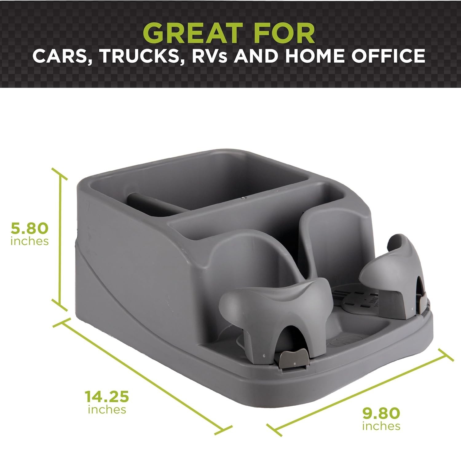 Compact GO GEAR Console: Stylish Storage Solution with Adjustable Drink Holders