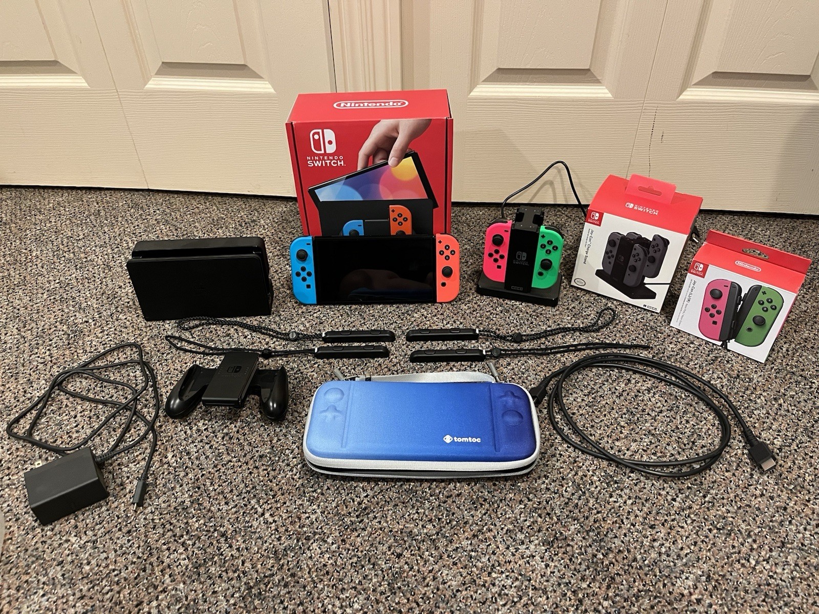Nintendo Switch OLED Red/Blue Console Bundle Dock Charger, 1 TB MicroSD Card