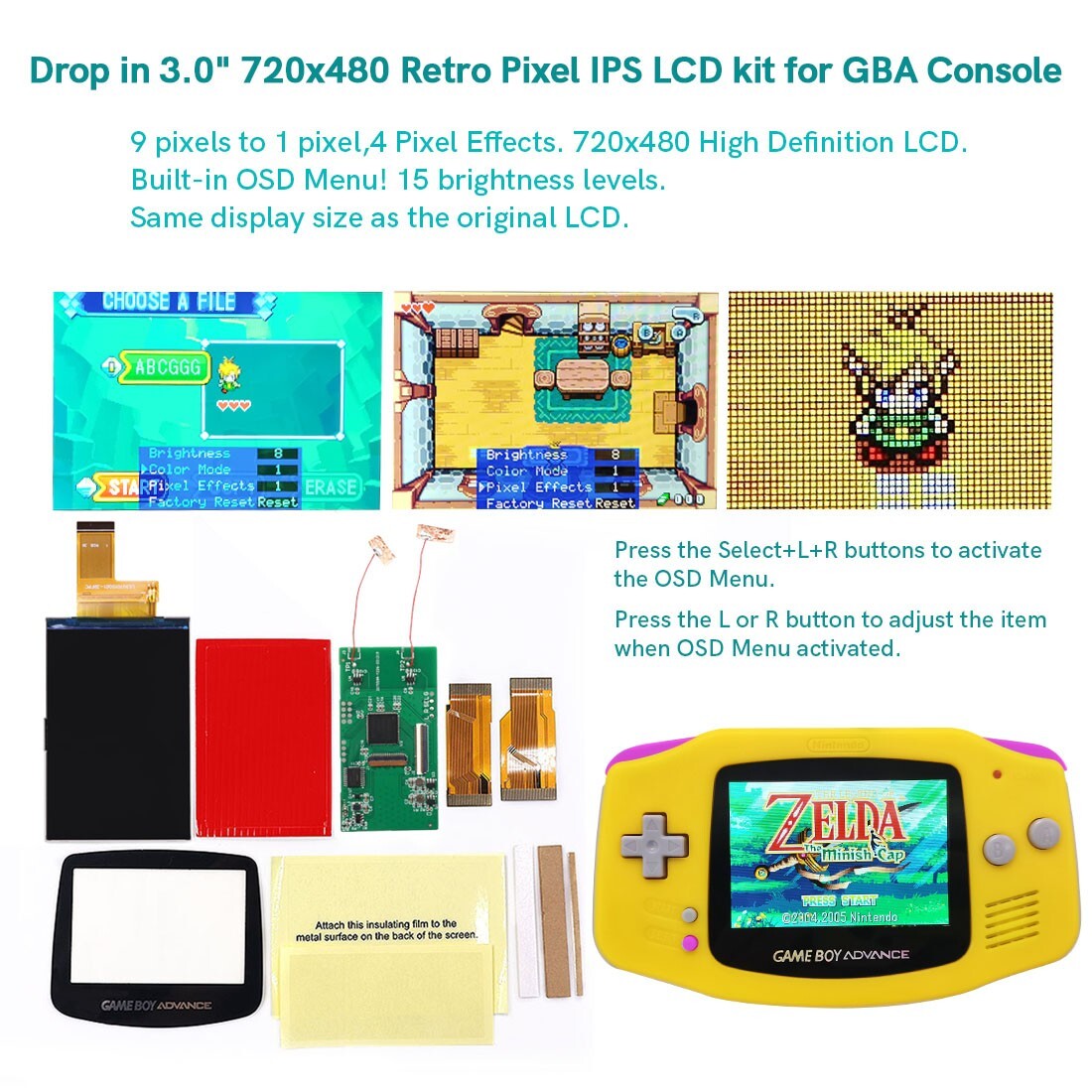 New 3.0″ Easy Drop In V5 720×480 Retro Pixel Highbacklit IPS LCD Screen For GBA