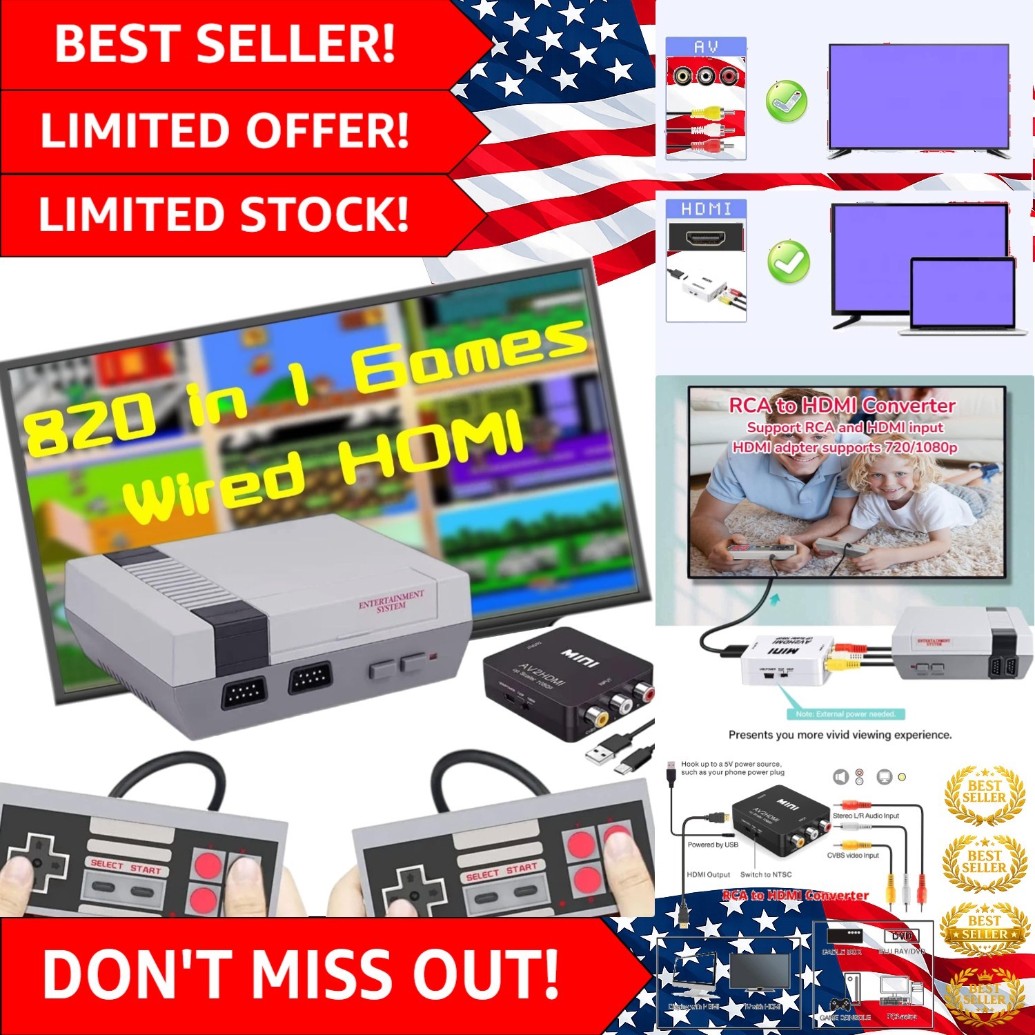 Compact Retro Game Console – Play 820 Classic Titles with Dual Controllers