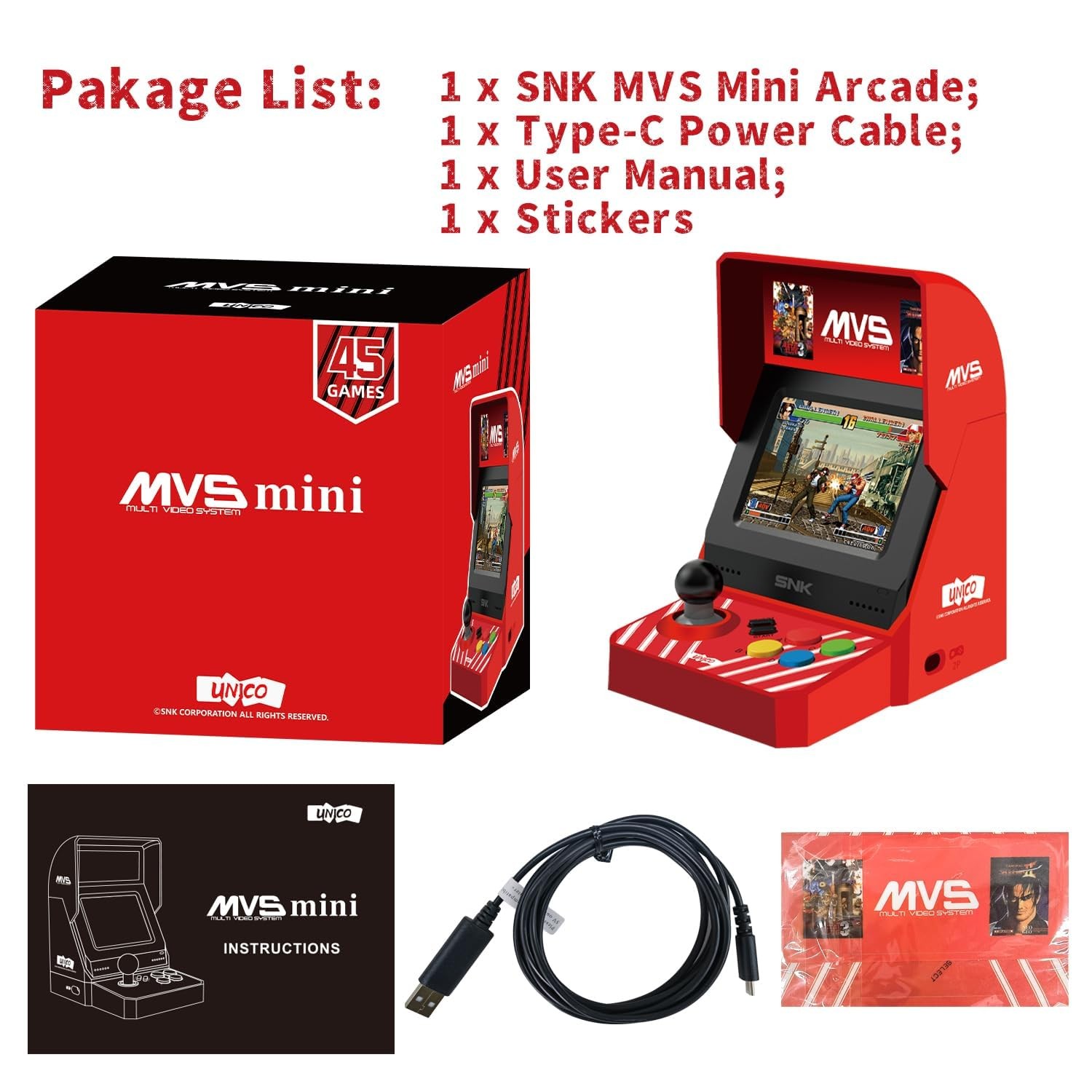 MVS Mini Home Arcade Console with Controller + 45 SNK Games King of Fighters