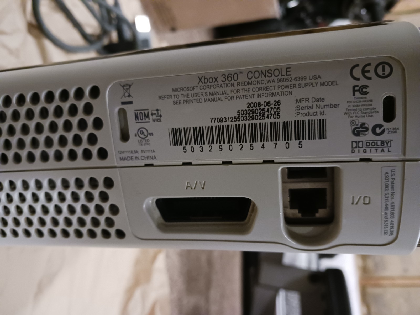XBOX 360 Console w/ 250GB HDD & Official MS AV CABLES FOR PARTS/REPAIR AS IS