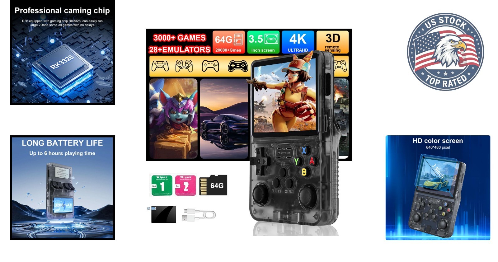 Portable R36S Game Console with Open Source System & 3000 Classic Games – Black