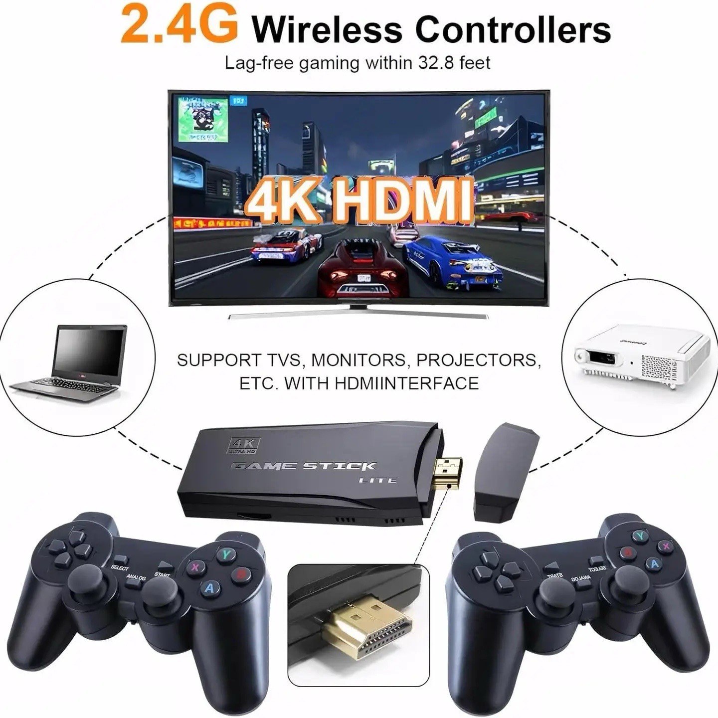 Black Game Stick Lite Microconsole with 4K HDMI Output & Wireless Controllers