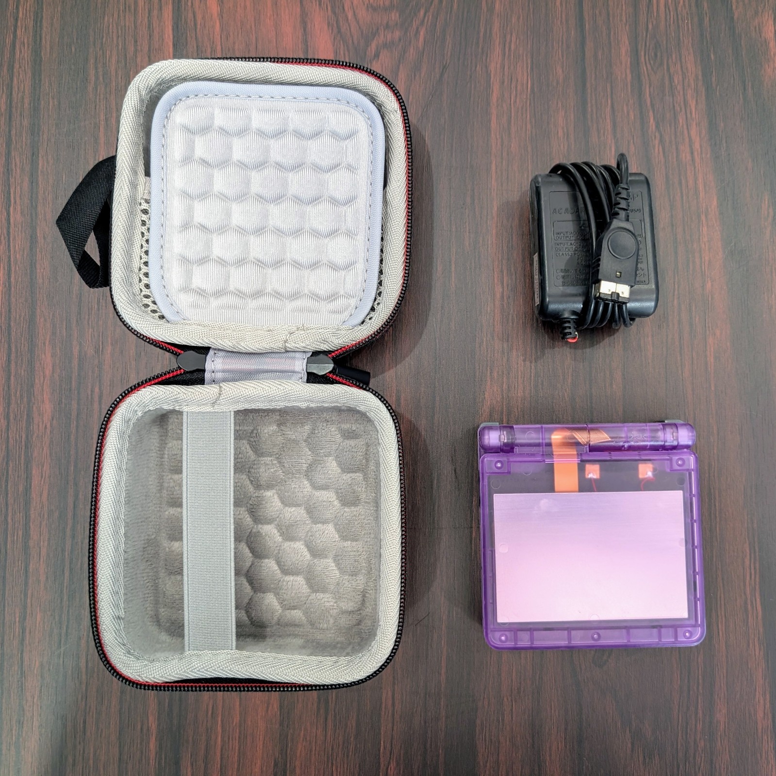 Custom GBA SP, IPS Screen, Upgraded Battery, Charger & Case – N64 Purple