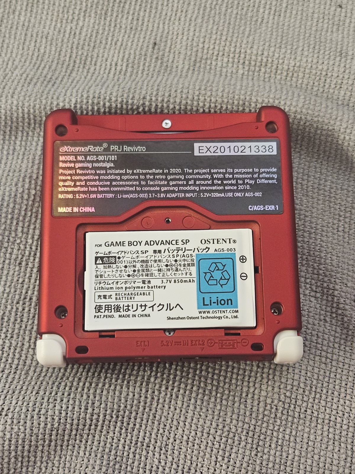 GBA SP – Hispeedido IPS – USB-C Charge – eXtremeRate Scarlet Shell – New Battery