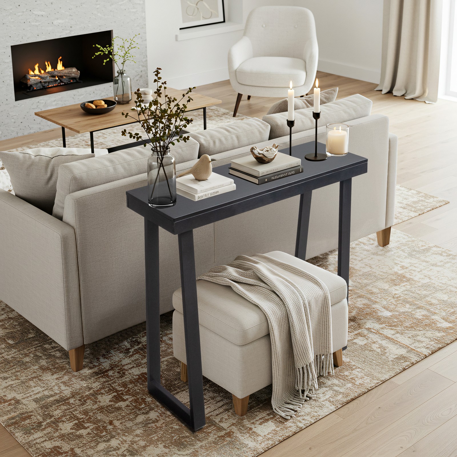 Solid Wood Console Table Storage Sofa Table with Shelf Narrow Entryway Black
