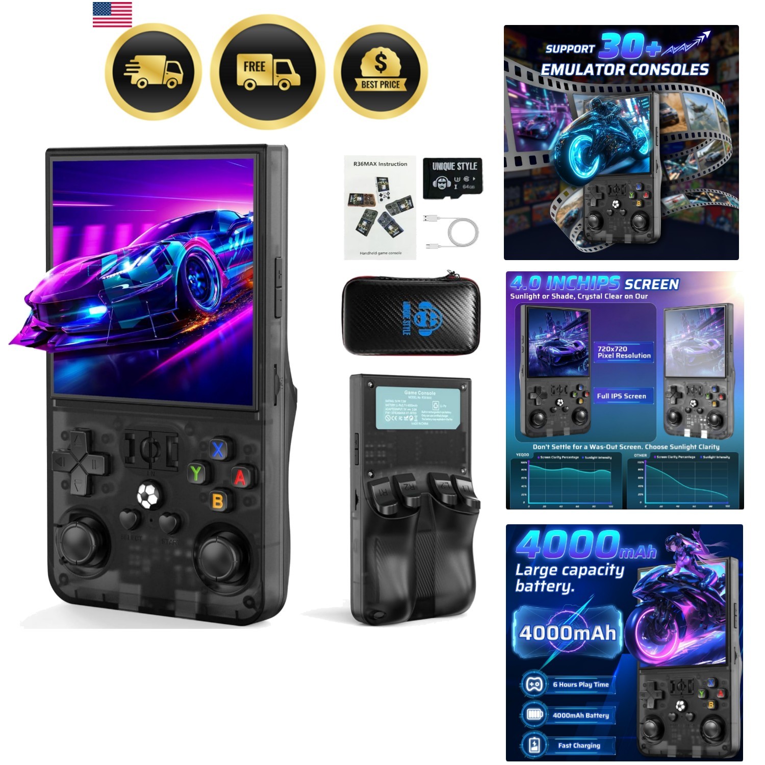 R36MAX Retro Handheld Game Console, 4.0 Inch IPS HD Screen Portable Retro Gam…